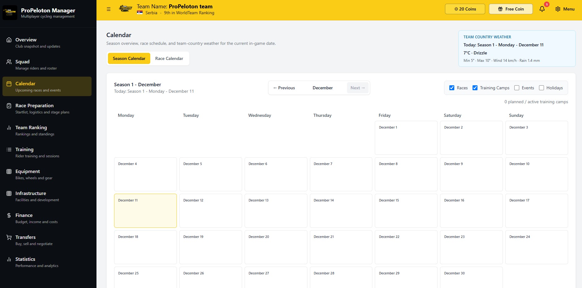 ProPeloton Manager race calendar screenshot