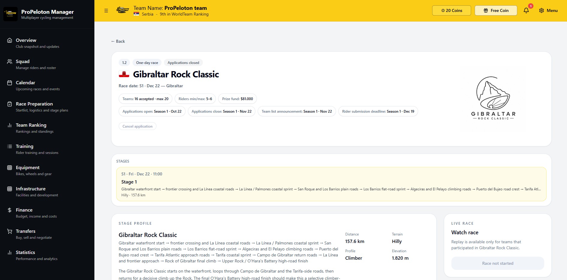 ProPeloton Manager race detail and replay screenshot